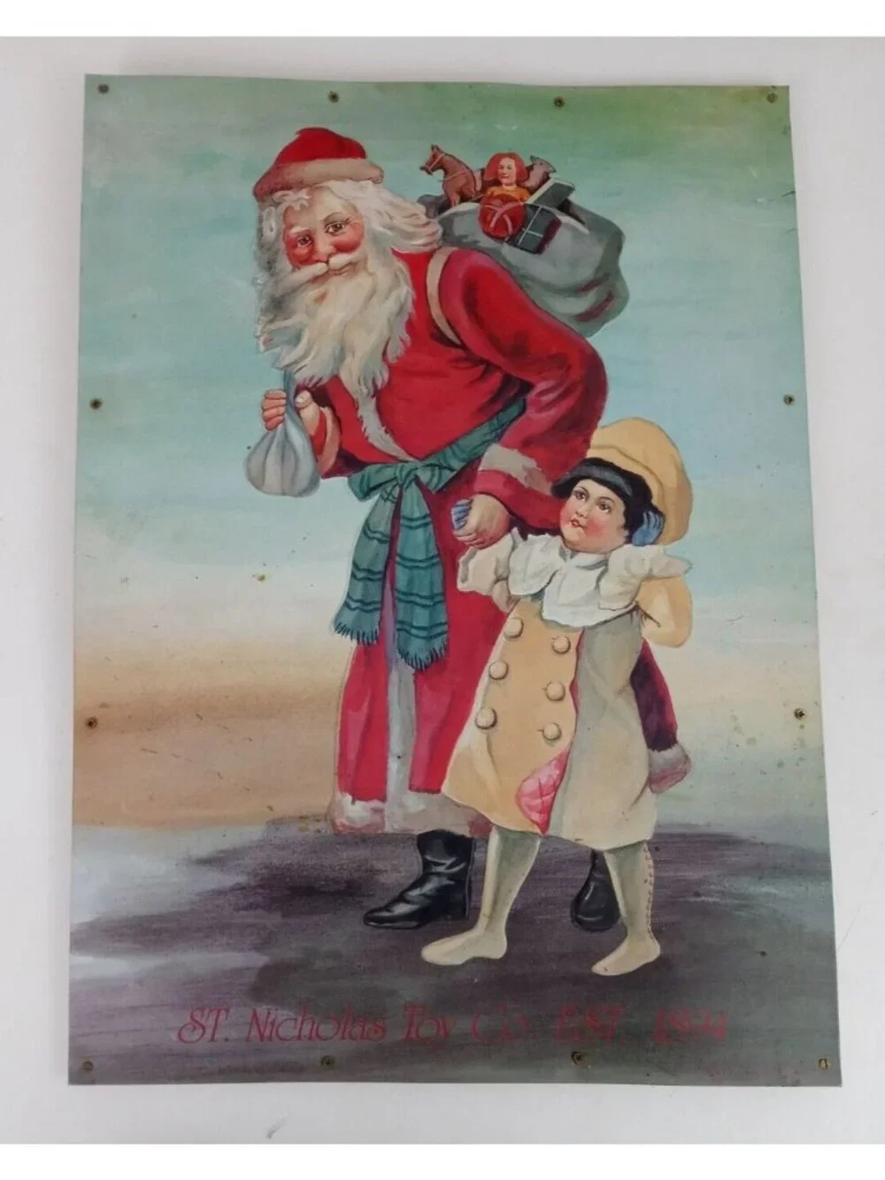 Vintage Tin Christmas Sign St. Nicholas Toy Co 1894 Santa Victorian Reproduction